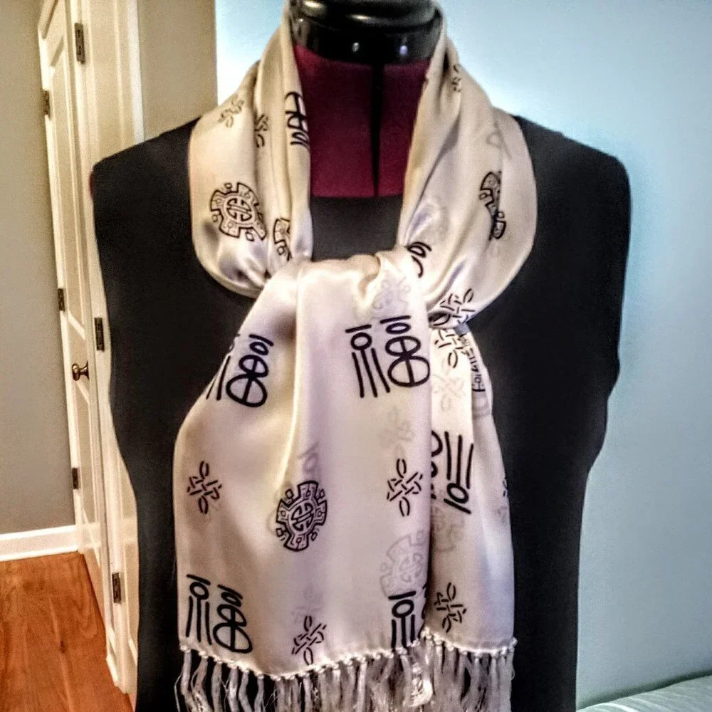 Chinese Ivory Black Silk Oblong Fringed Scarf